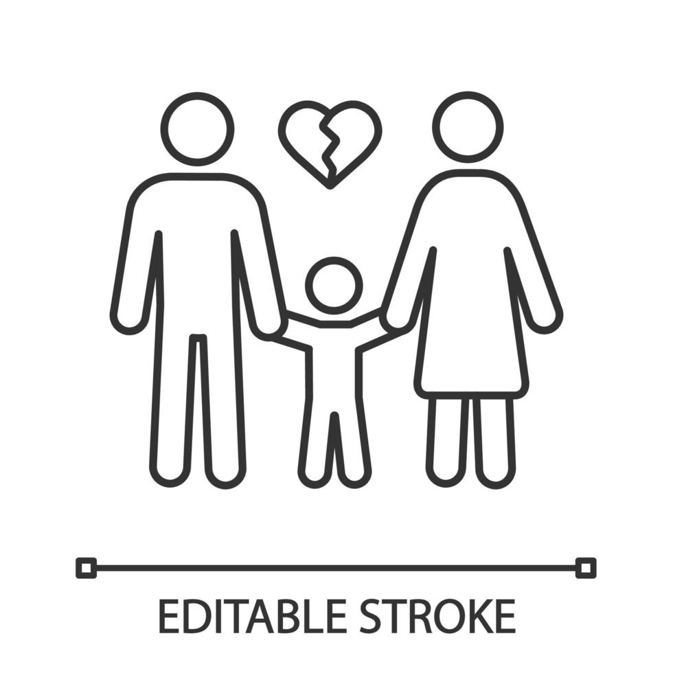 Divorce linear icon. Thin line illustration. Parental conflicts. Marriage breakup. Couple break up. Joint child custody. Contour symbol. Vector isolated outline drawing. Editable stroke