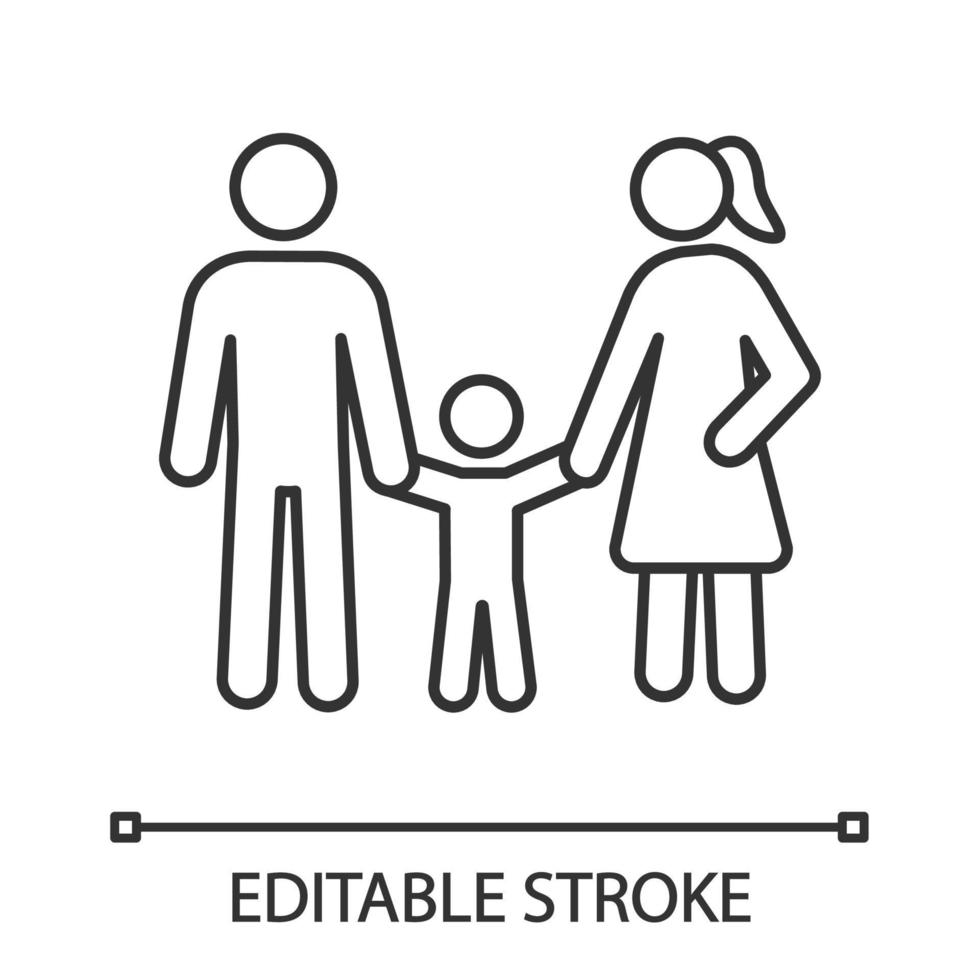 Family linear icon. Thin line illustration. Woman, man, child. Positive parenting. Childcare. Happy parenthood. Father, mother, baby. Contour symbol. Vector isolated outline drawing. Editable stroke