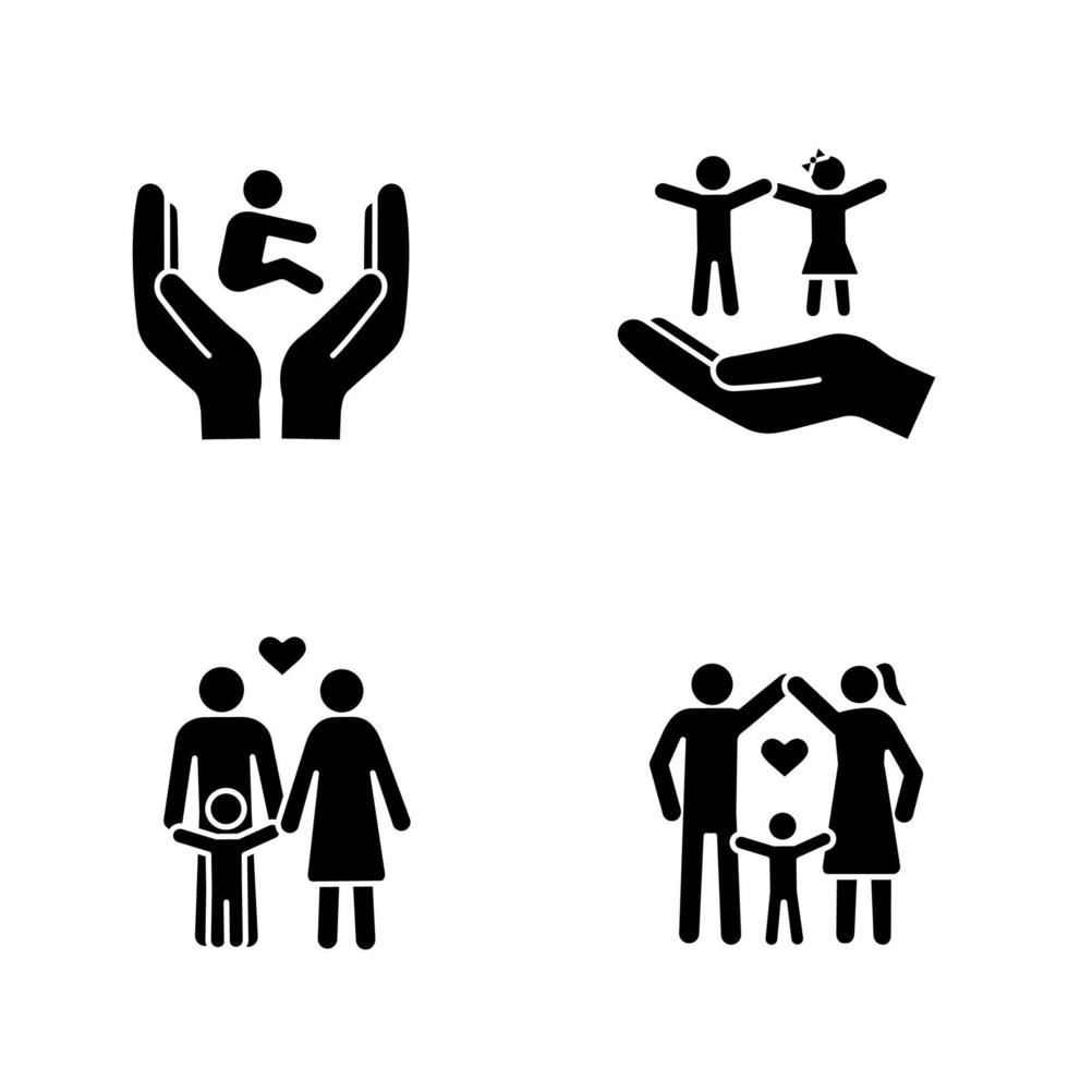 conjunto de iconos de glifo de custodia infantil. símbolos de silueta. cuidado de niños derechos y protección de los niños, familias felices. crianza positiva. ilustración vectorial aislada vector