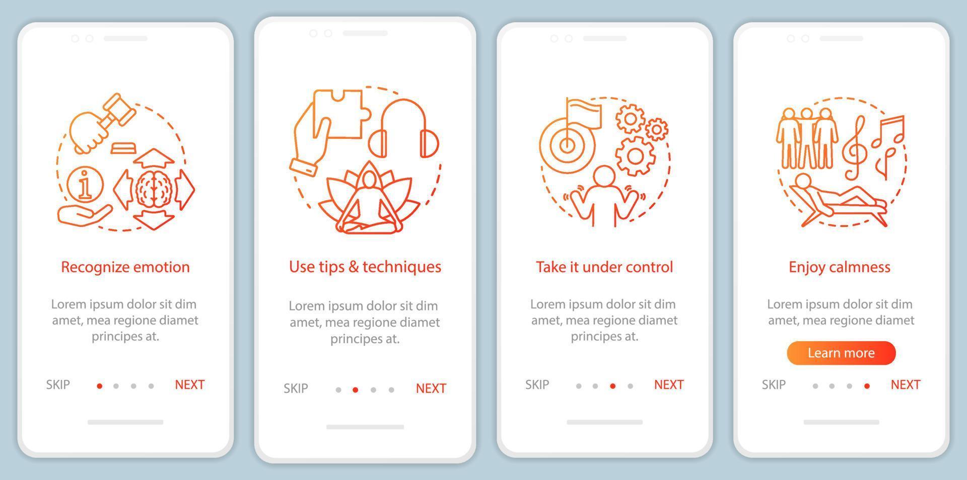 emociones que gestionan la incorporación de la pantalla de la página de la aplicación móvil con conceptos lineales. reconozca, use consejos, disfrute de la calma paso a paso instrucciones gráficas. ux, ui, plantilla vectorial gui con ilustraciones vector