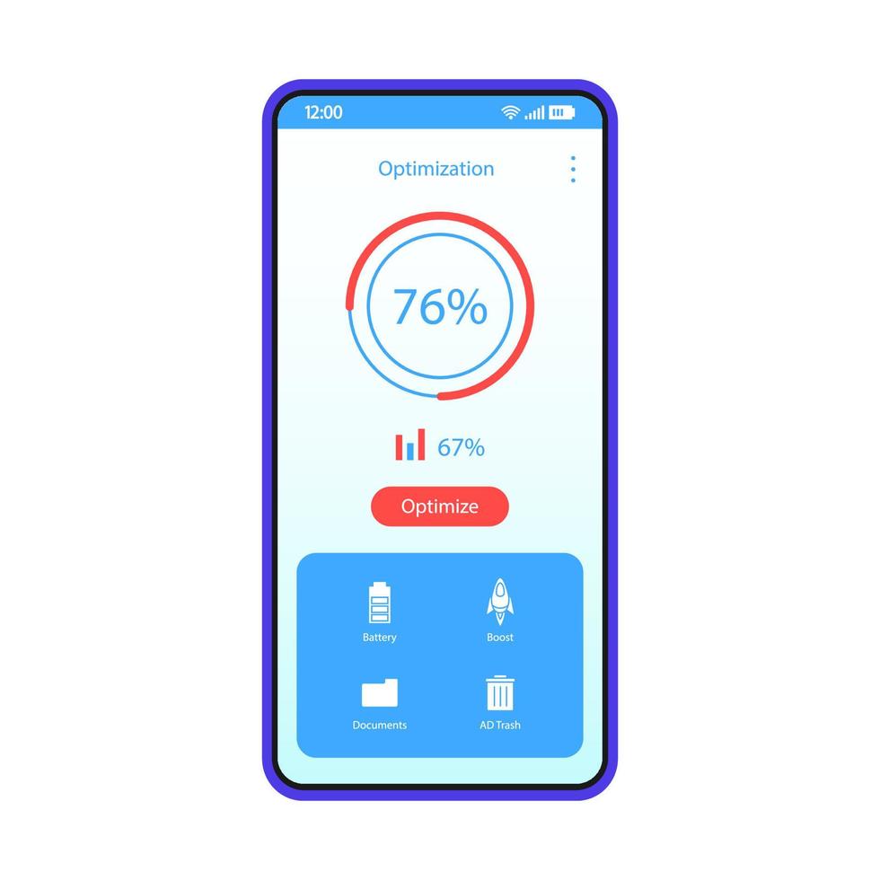 optimizador de teléfono, plantilla vectorial de interfaz más limpia. diseño de diseño azul de la página de la aplicación de optimización móvil. pantalla de aplicación de refuerzo. interfaz de usuario plana aumento de la batería, opciones de eliminación de basura en la pantalla del teléfono inteligente vector