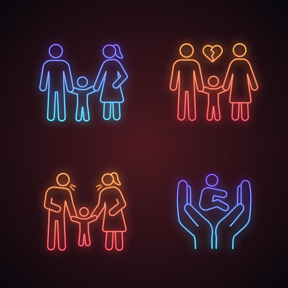 Child custody neon light icons set. Childcare. Children's rights, positive parenting, divorce, parents scolding child. Glowing signs. Vector isolated illustrations