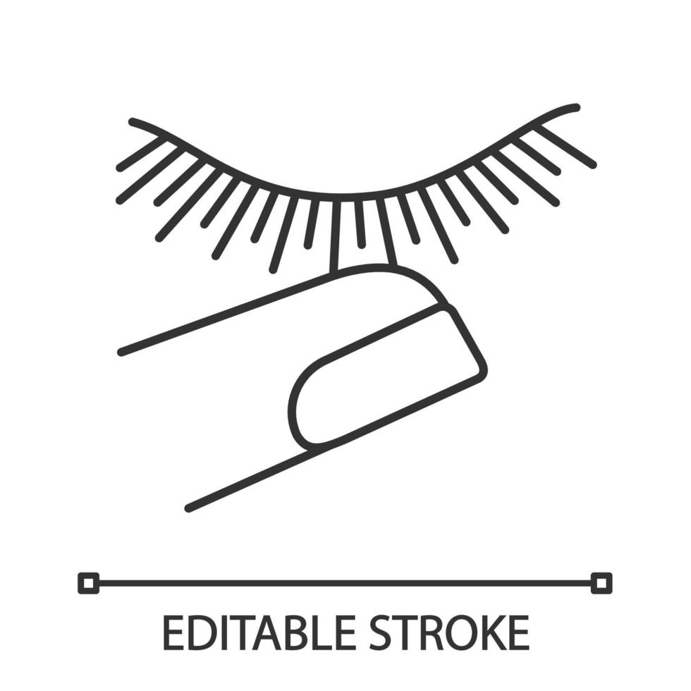 Stop touching eyelashes linear icon. Thin line illustration. Lash extension and finger. Eyelash extension aftercare. Closed woman eye. Contour symbol. Vector isolated outline drawing. Editable stroke