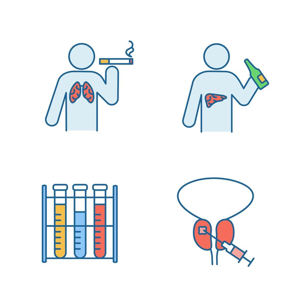 Men's health color icons set. Liver and lungs cancer, lab analysis, prostate biopsy. Smoking, alcoholism, blood test, prostate cancer test and diagnostics. Isolated vector illustrations