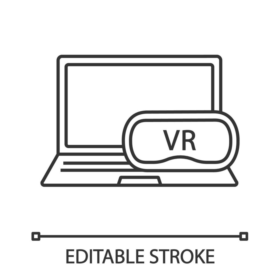 Computer VR headset linear icon. Virtual reality games. Thin line illustration. VR mask, glasses, goggles with laptop. Contour symbol. Vector isolated outline drawing. Editable stroke