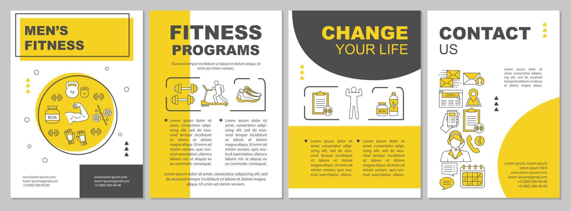 Men's fitness brochure template layout. Flyer, booklet, leaflet print design with linear illustrations. Workout. Gym membership. Vector page layouts for magazines, annual reports, advertising posters