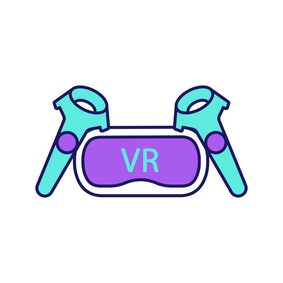 VR set color icon. Virtual reality headset and controllers. VR glasses with remote control, gamepad. Isolated vector illustration