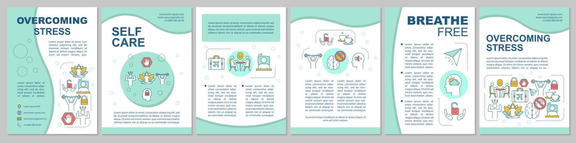 Overcoming stress brochure template layout. Mental health. Flyer, booklet, leaflet print design. Stress management. Mindfulness. Vector page layouts for magazines, annual reports, advertising posters