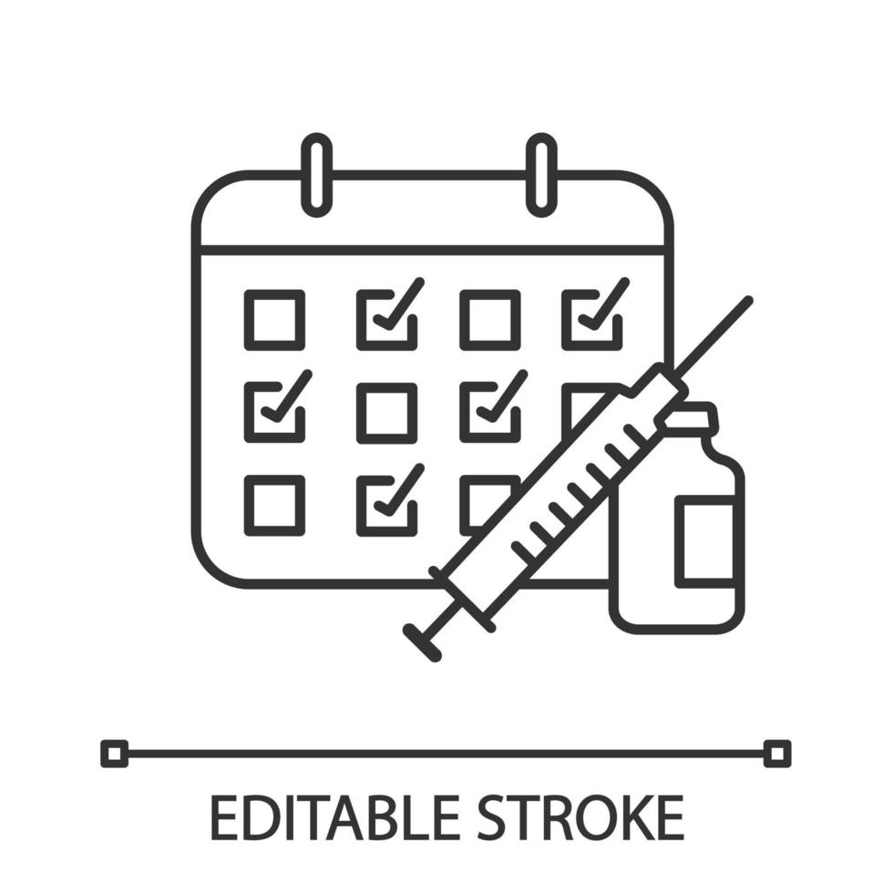 Vaccination calendar linear icon. Thin line illustration. Immunization schedule. Disease prevention. Contour symbol. Vector isolated outline drawing. Editable stroke