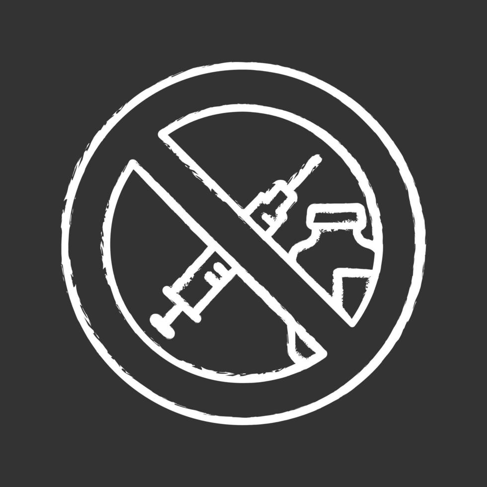 Icono de tiza de signo de prohibición de drogas y pastillas. sin pegatina de jeringa. Prohibida la inyección. contra la vacunación. detener la vacuna. ilustración de pizarra de vector aislado