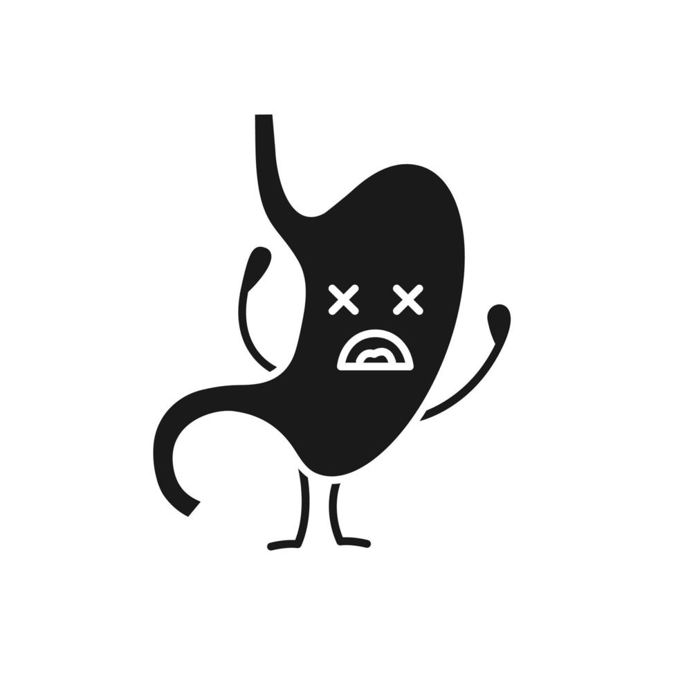 Unhappy stomach character glyph icon. Silhouette symbol. Gastritis. Unhealthy digestive system. Gastrointestinal tract disease, problem. Indigestion. Negative space. Vector isolated illustration