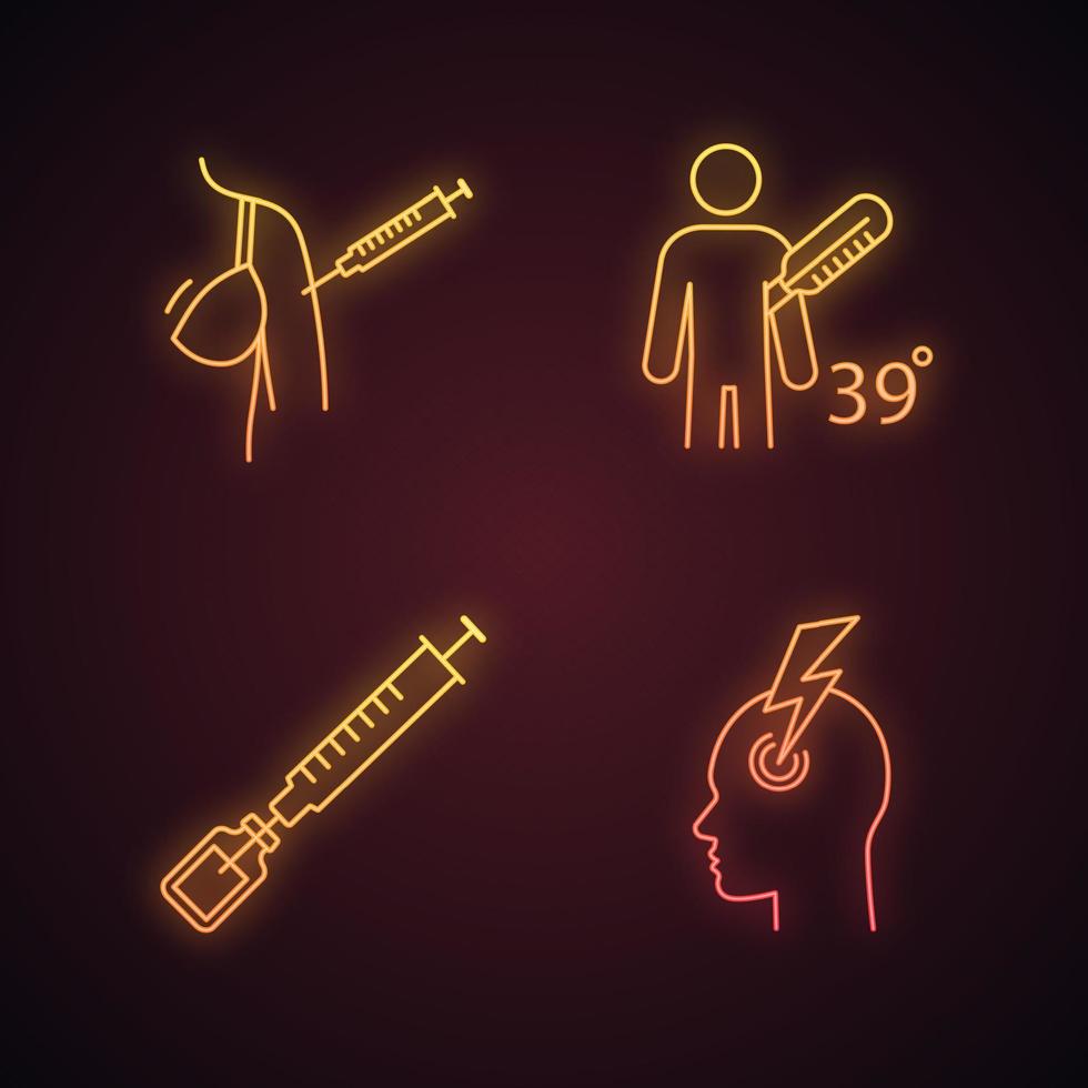 conjunto de iconos de luz de neón de vacunación e inmunización. signos brillantes. inyección de brazo de mujer, fiebre, vacuna, migraña. sintomas de gripe. hepatitis, vacunación contra el sarampión. Ilustraciones de vectores aislados