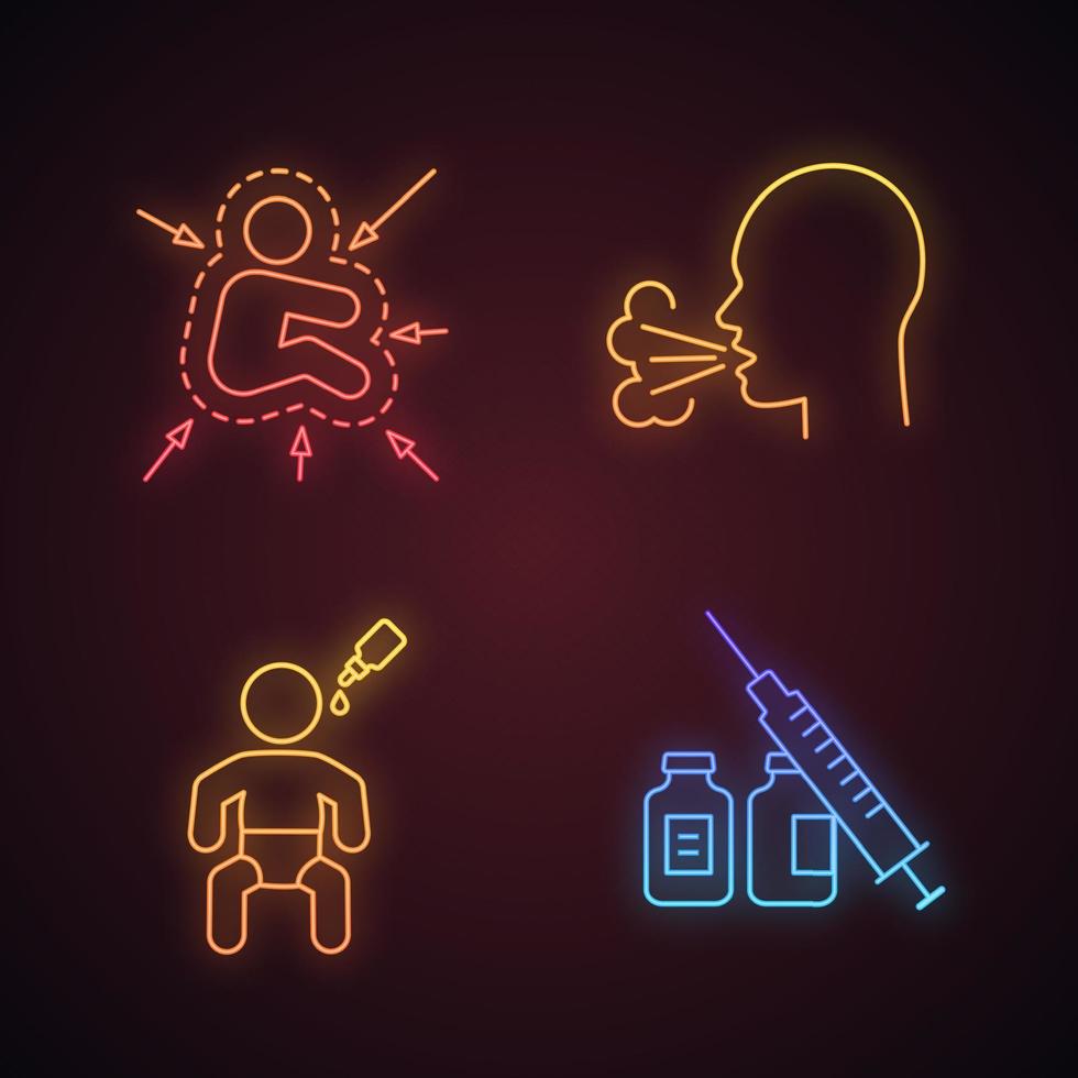 Vaccination and immunization neon light icons set. Glowing signs. Kid's immune system, coughing, oral vaccine, syringe and vials. Vector isolated illustrations