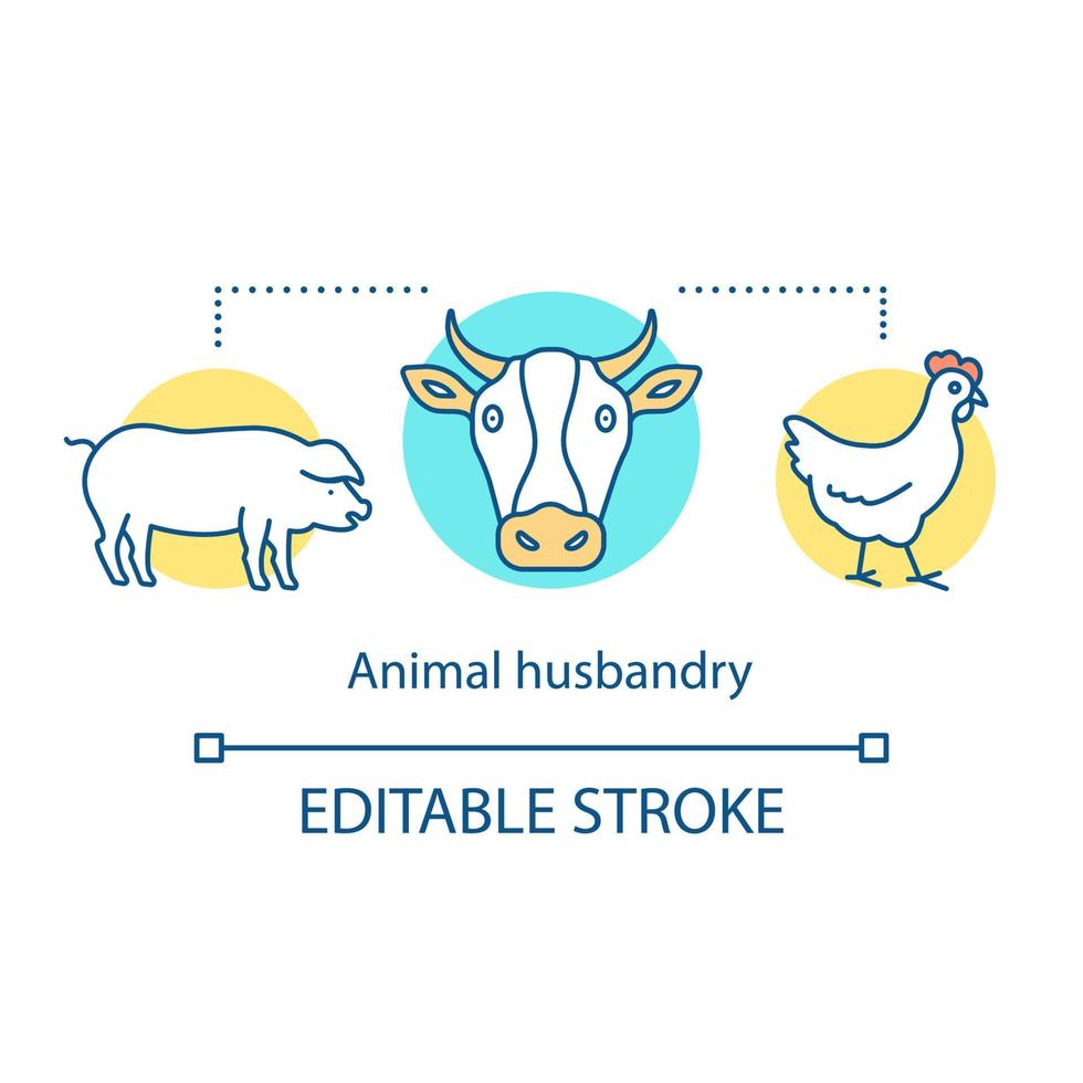 Animal husbandry concept icon. Livestock farming idea thin line illustration. Poultry, cows, cattle, pig. Dairy farm. Vector isolated outline drawing. Edtable stroke