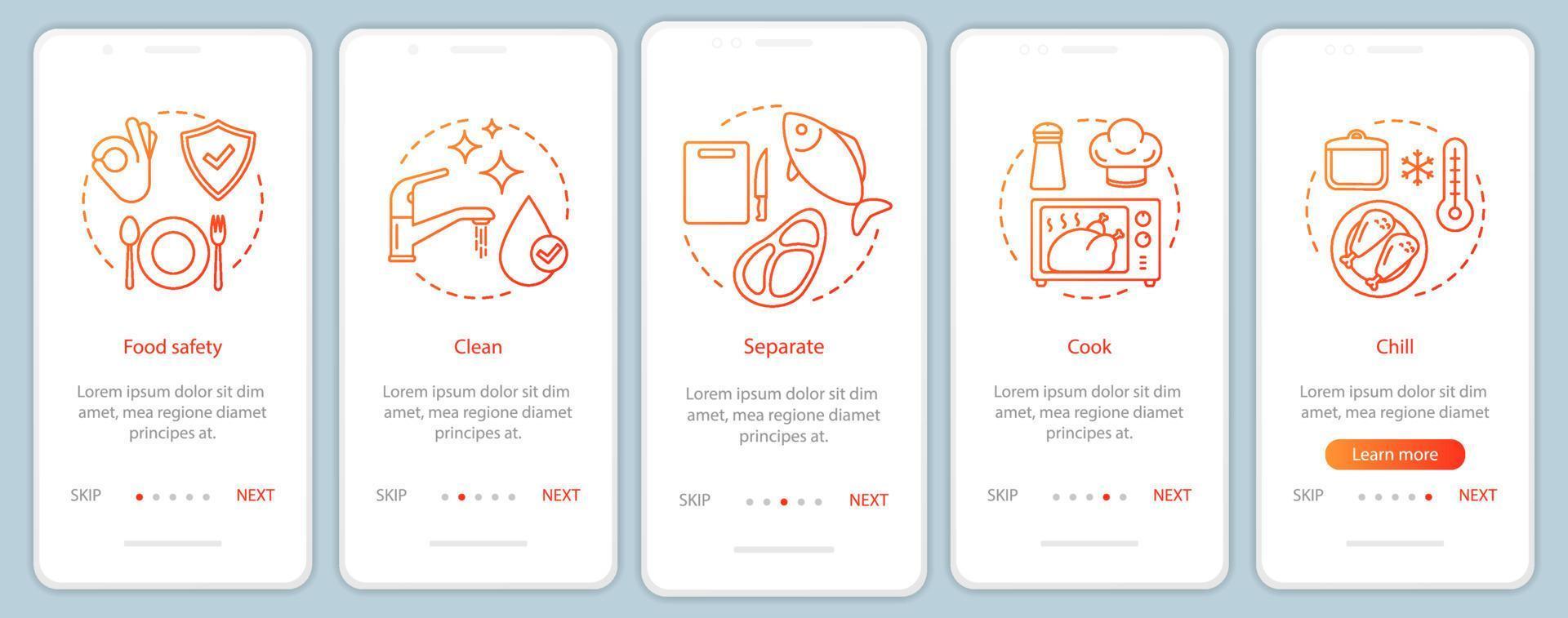 Food safety onboarding mobile app page screen template. Food processing, handling, preparation and storage. Clean, separate, cook, chill. Walkthrough website steps. UX, UI, GUI smartphone interface vector