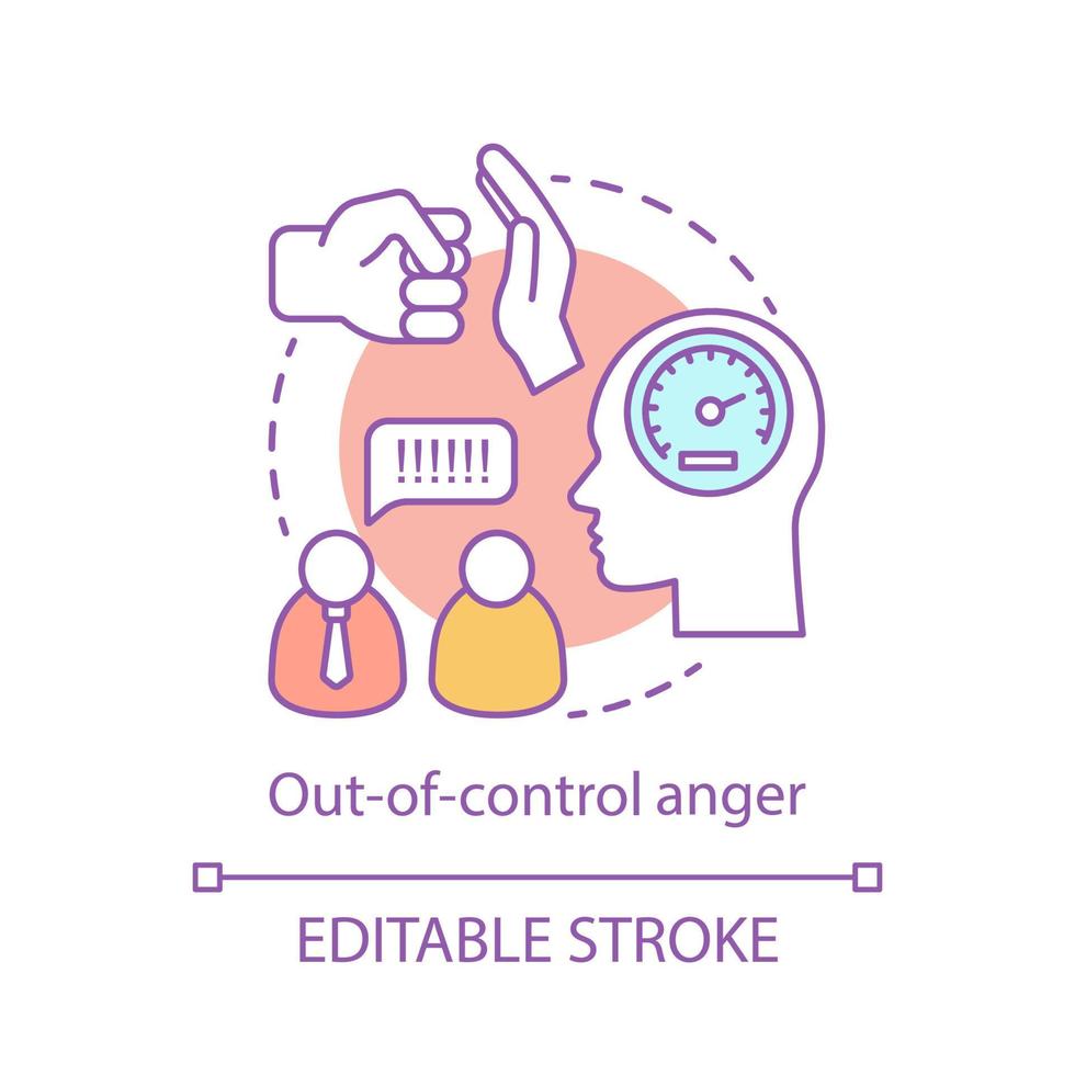 Out-of-control anger concept icon. Conflict idea thin line illustration. Anger management. Stress tolerance. Annoyed angry behavior. Disorder emotion. Vector isolated outline drawing. Editable stroke