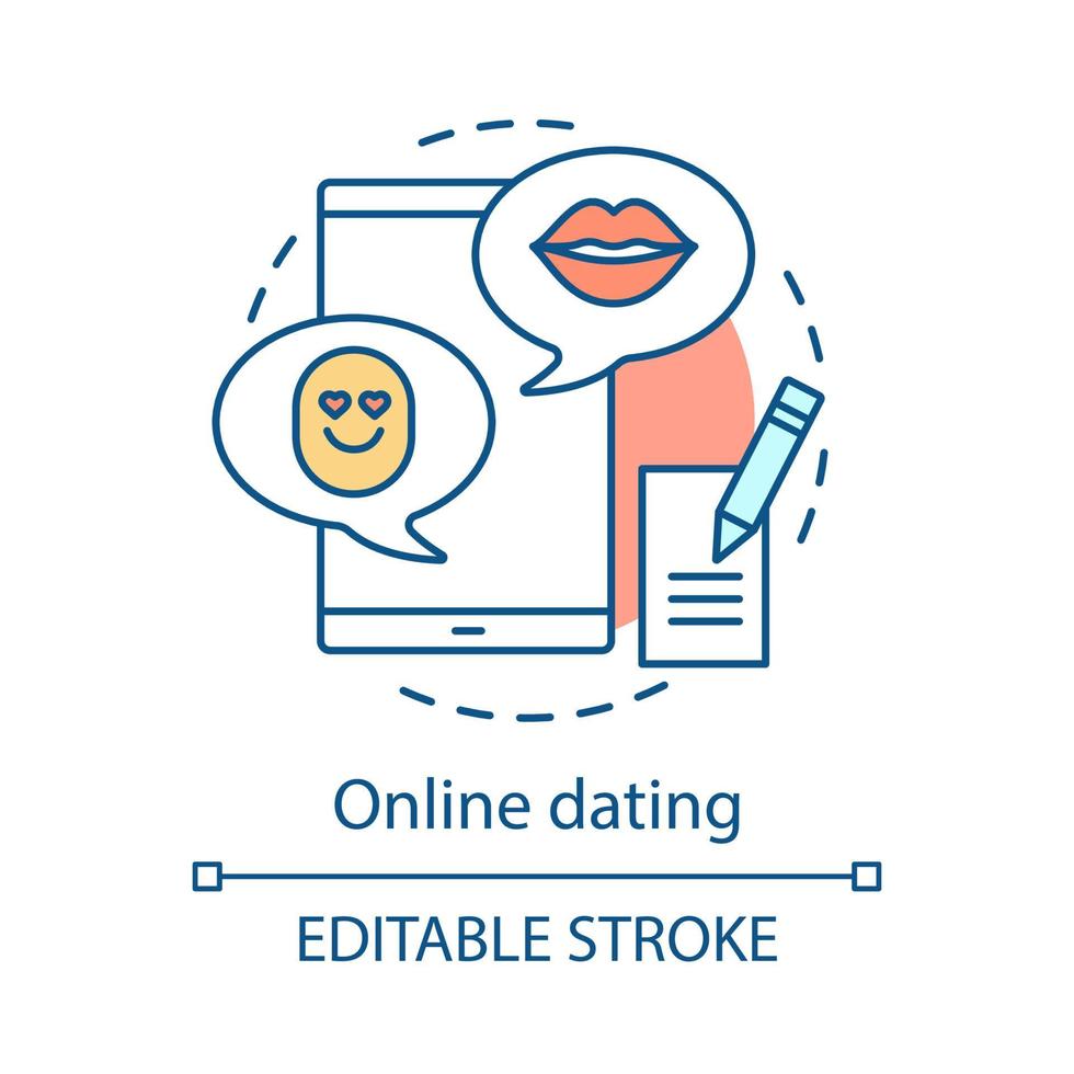 Online dating app concept icon. Chatting via messenger idea thin line illustration. Romantic messaging, internet flirt. Date, love search application. Vector isolated outline drawing. Editable stroke