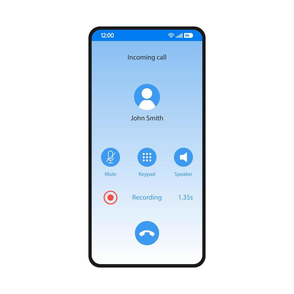 Call recorder smartphone interface vector template. Mobile app page blue design layout. Online voice recording screen. Mute, keypad, speaker buttons gradient flat UI. Phone calls application display