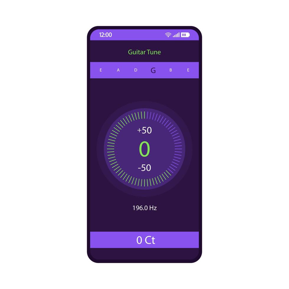 Guitar tuner smartphone interface vector template. Mobile musical app page purple design layout. String instrument tuning, mode application screen. Flat UI . Bass sound check setting on phone display