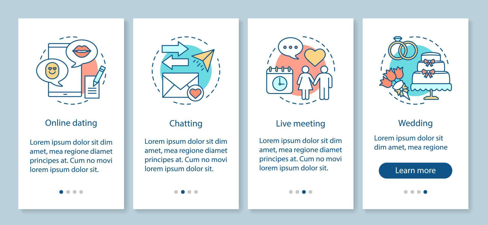 plantilla de vector de pantalla de página de aplicación móvil de incorporación de citas en línea. chat, reunión en vivo, pasos de boda con ilustraciones lineales. fecha de internet, servicio de amor. ux, ui, concepto de interfaz de teléfono inteligente gui