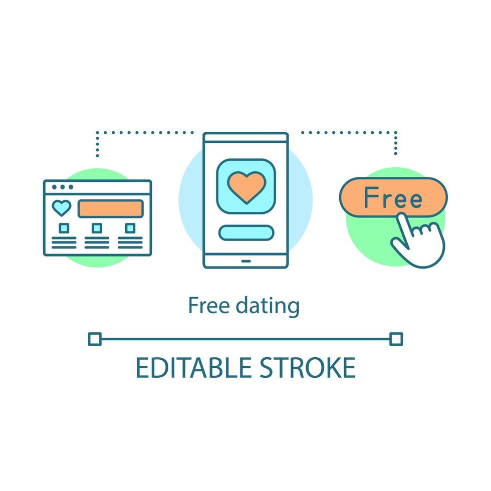 Online dating app concept icon. Love search application, website idea thin line illustration. Webpage, tablet with heart. Hand click on free button. Vector isolated outline drawing. Editable stroke