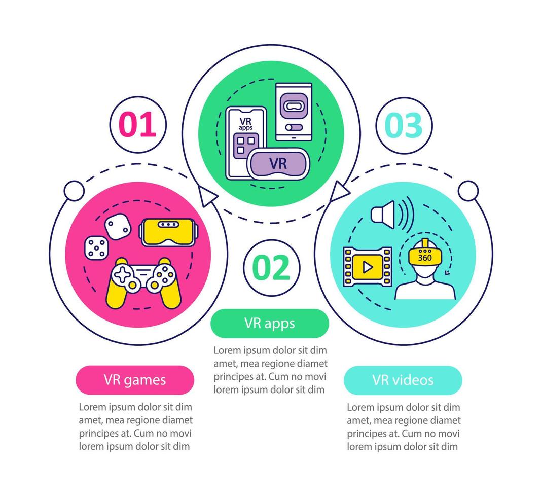 VR programs vector infographic template. Virtual reality videos, apps, games. Data visualization with three steps and option. Process timeline chart. Workflow layout with icons