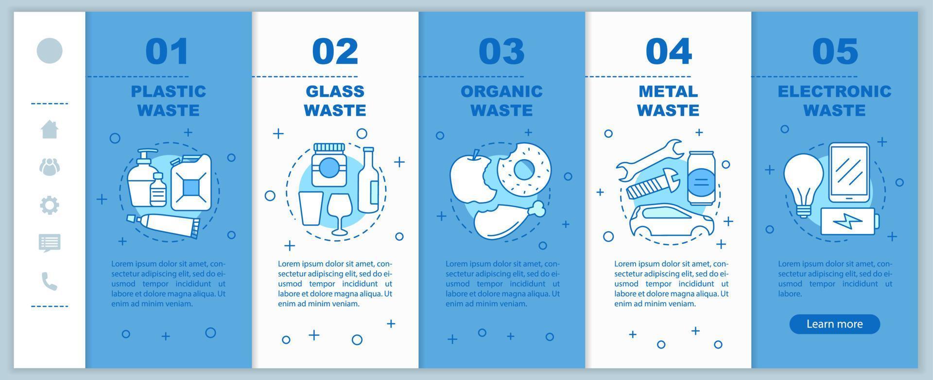 Trash sorting onboarding mobile web pages vector template. Responsive smartphone website interface idea with linear illustrations. Organic, glass waste webpage walkthrough step screens. Color concept