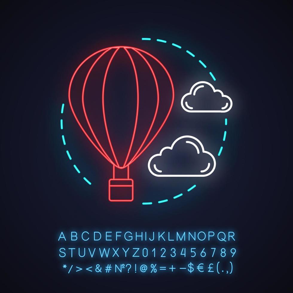 Air transport neon light concept icon. Hot air balloon and dove. Flying idea. Glowing sign with alphabet, numbers and symbols. Vector isolated illustration