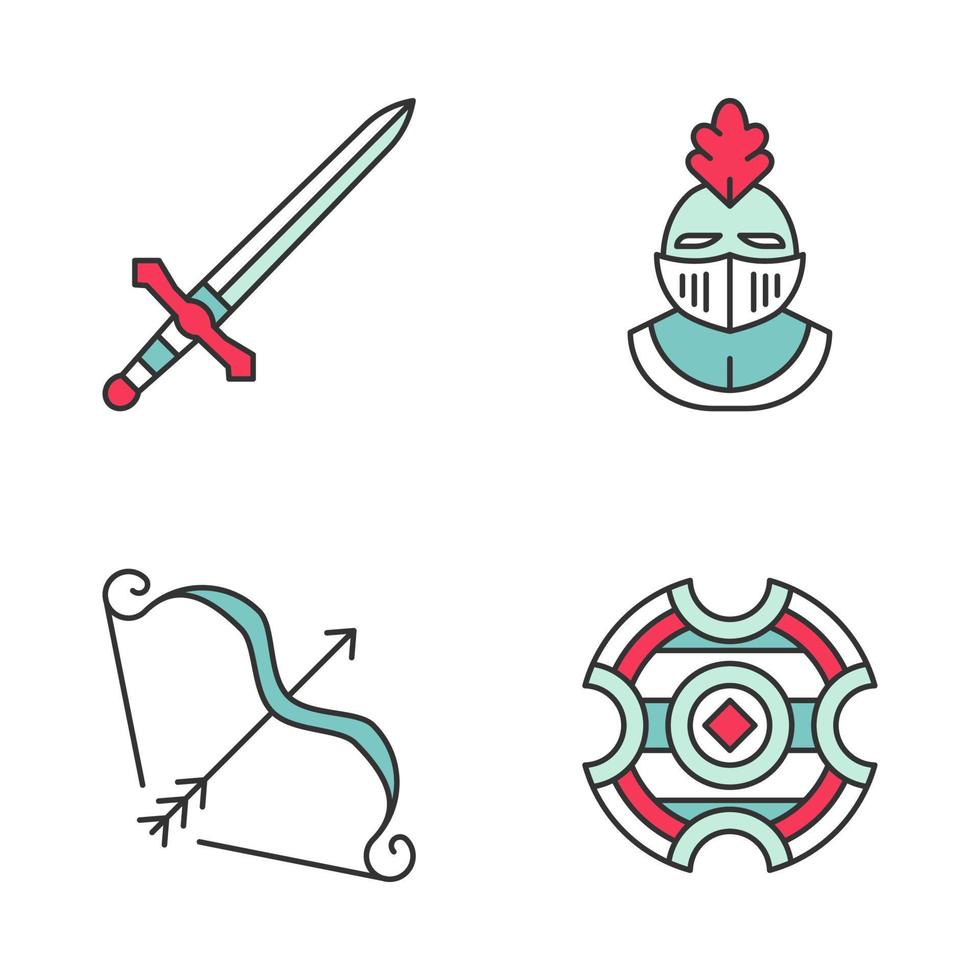 Medieval color icons set. Metal sword, knights helmet, battle shield, bow and arrow. Isolated vector illustrations