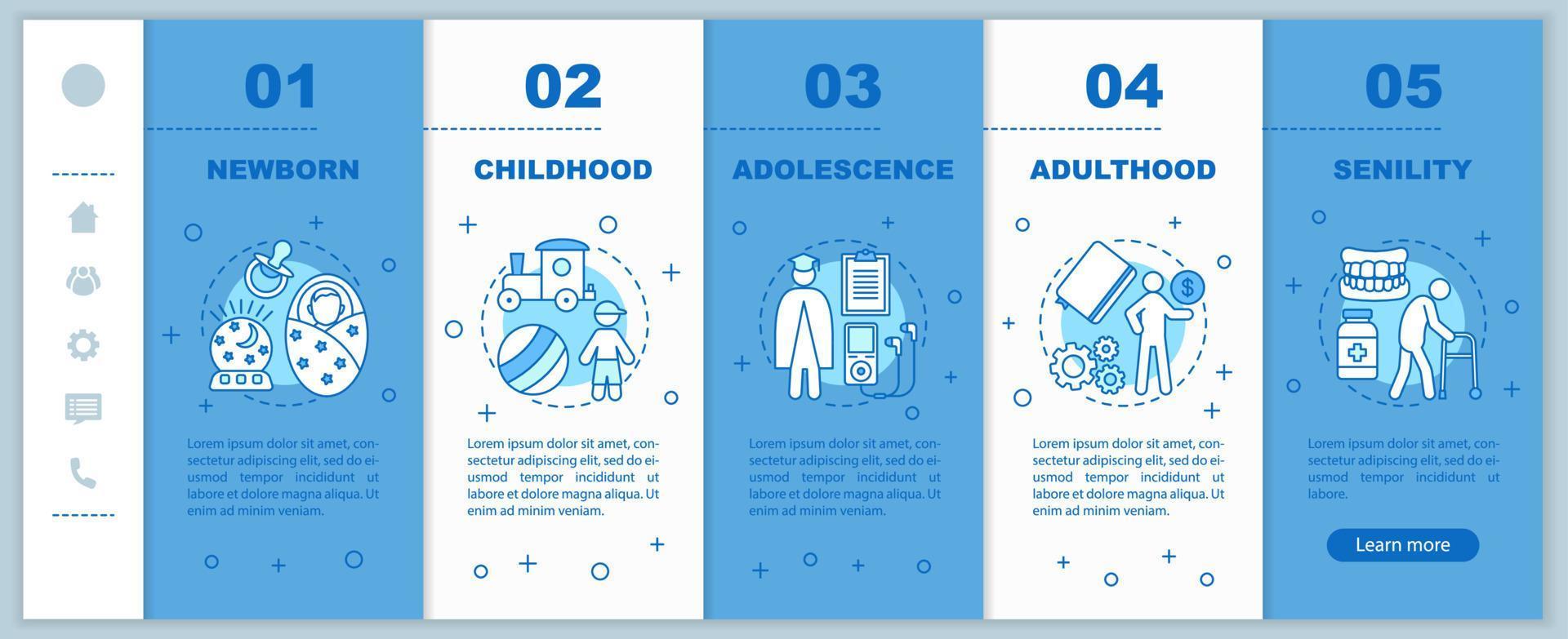 Human lifecycle onboarding mobile web pages vector template. Responsive smartphone interface idea with linear illustrations. Adolescence, childhood webpage walkthrough step screens. Color concept