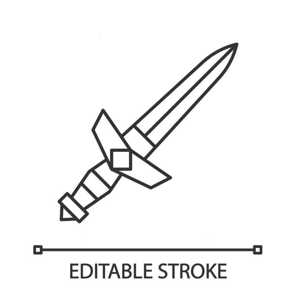 Medieval dagger linear icon. Double edged small pointed knife. Weapon for medieval knight. Personal protection. Thin line illustration. Contour symbol. Vector isolated outline drawing. Editable stroke