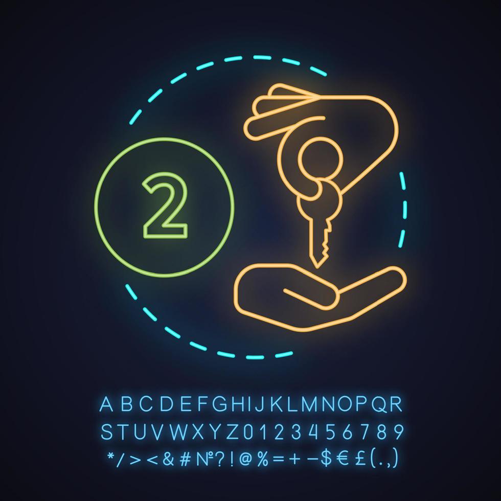 Accommodation booking neon light concept icon. Apartment rental idea. Residence for rent. Division of property. Glowing sign with alphabet, numbers and symbols. Vector isolated illustration