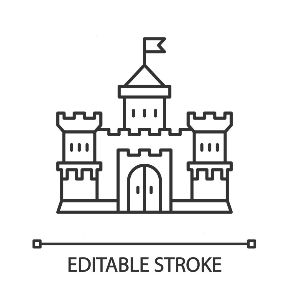 Medieval castle linear icon. Fortified lord residence. Strong citadel. Stone fortress. Kingdom palace.Thin line illustration. Contour symbol. Vector isolated outline drawing. Editable stroke