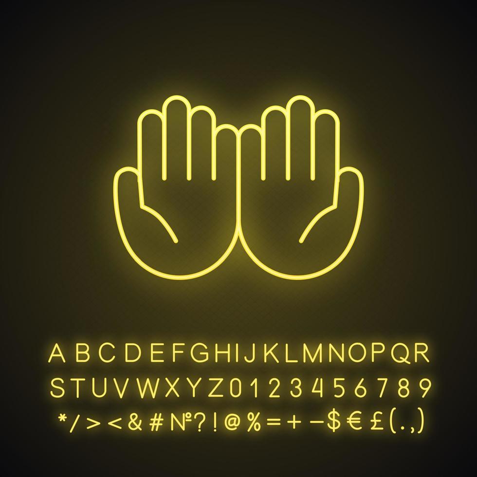 Cupped hands neon light icon. Palms up together emoji. Begging gesturing. Islam praying hands. Glowing sign with alphabet, numbers and symbols. Vector isolated illustration