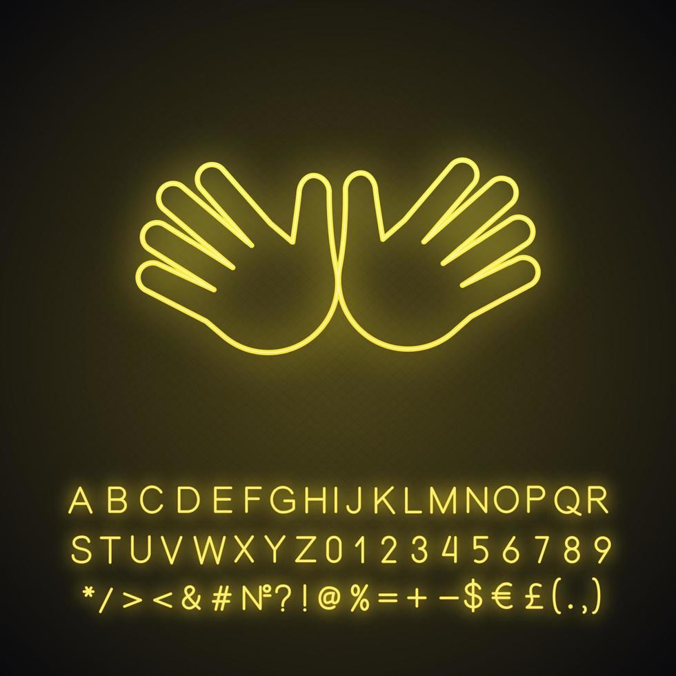 Open hands neon light icon. Jazz hands emoji. Hug gesture emoticon. Glowing sign with alphabet, numbers and symbols. Vector isolated illustration