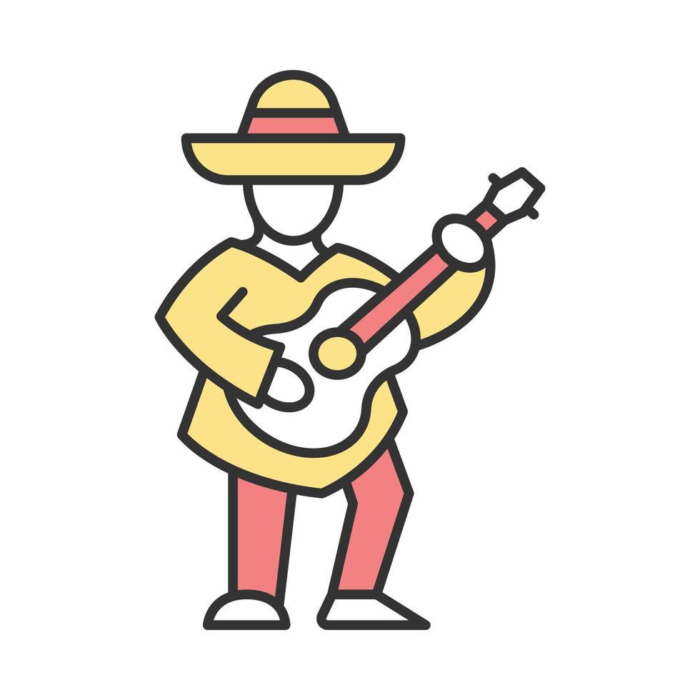 mexicano con icono de color de guitarra. músico latino. guitarrista en sombrero. ilustración vectorial aislada vector