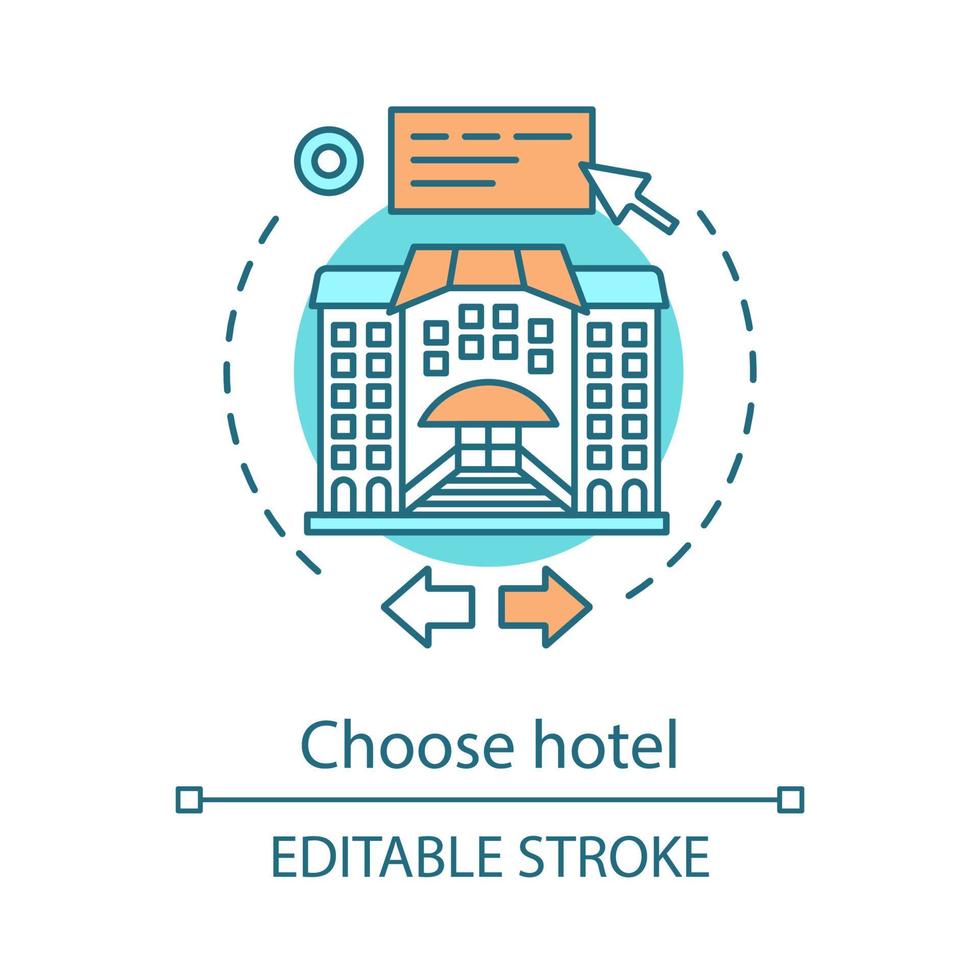 Choose hotel concept icon. Select apartment, dormitory, hostel. Trip planning stage. Booking lodging website idea thin line illustration. Vector isolated outline drawing. Editable stroke