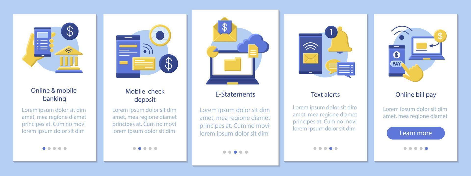 plantilla de vector de pantalla de página de aplicación móvil de banca en línea. cheque de depósito, estados de cuenta electrónicos, pago de facturas. gestión de finanzas instrucciones del sitio web de diseño plano. ux, ui, concepto de dibujos animados de interfaz de teléfono inteligente gui