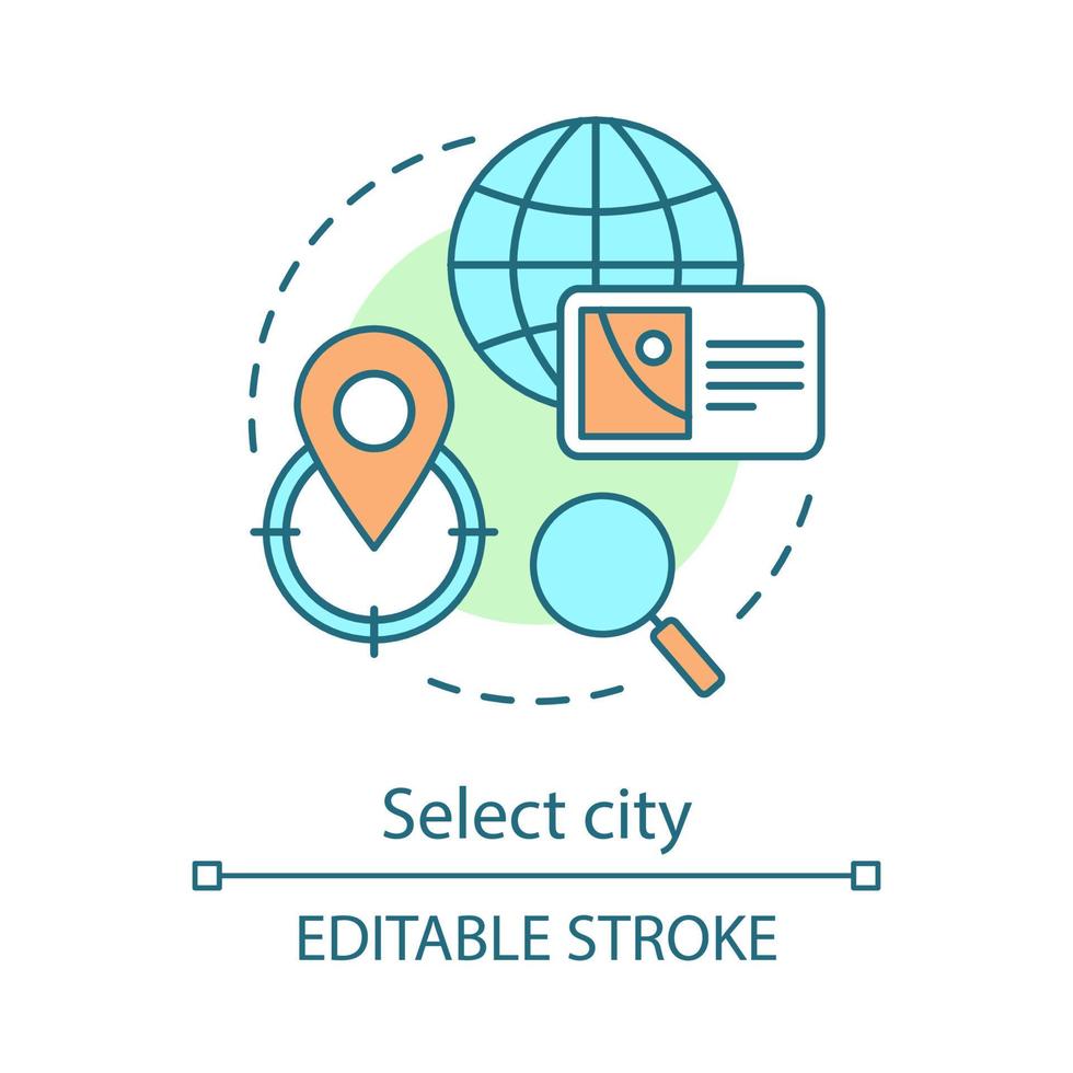 Select city concept icon. Vacation scheduling. Self-planned journey. Trip planning. Travel destinations, route idea thin line illustration. Vector isolated outline drawing. Editable stroke