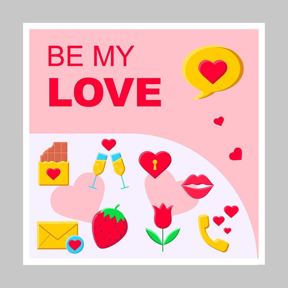 Be my love social media posts mockup. Romantic relationships. Advertising web banner design template. Social media booster, content layout. Isolated promotion border, frame with headlines, flat icons vector