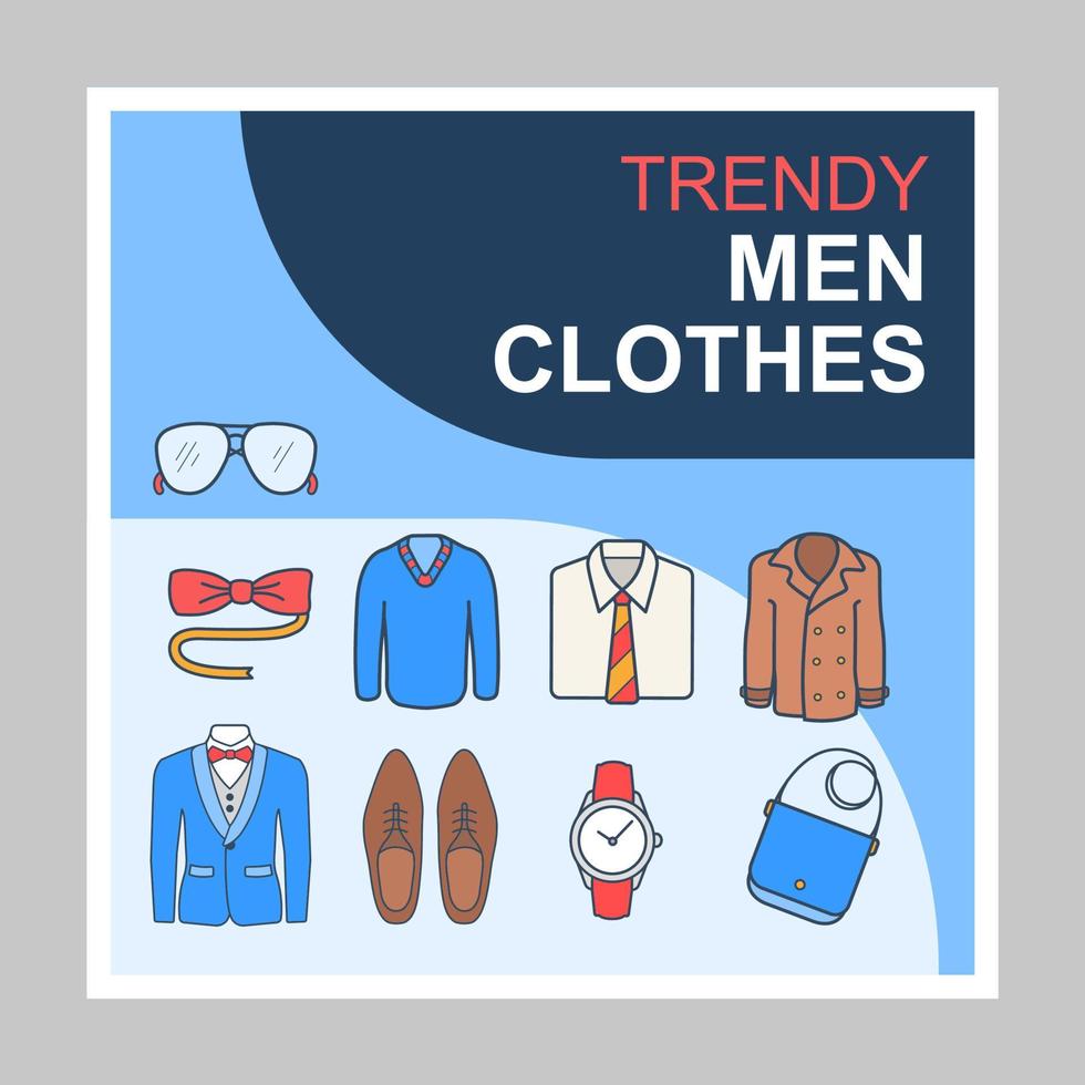 maqueta de publicaciones en redes sociales de ropa de hombre de moda. blog de moda. plantilla de diseño de banner web publicitario. refuerzo de redes sociales, diseño de contenido. borde de promoción aislado, marco con titulares, iconos lineales vector