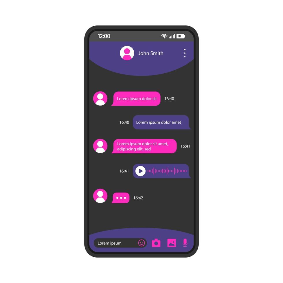 plantilla de vector de interfaz de teléfono inteligente de aplicación de chat. diseño de página móvil en negro. Pantalla de intercambio de mensajes instantáneos. interfaz de usuario plana para la aplicación. mensaje de voz, envío de registros de audio. pantalla del teléfono