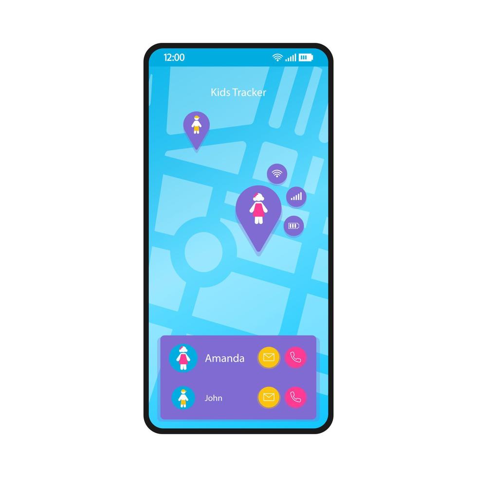 GPS kids tracker smartphone interface vector template. Mobile app page blue layout. Children tracking, navigation, location finder screen. Flat UI for application. Parental control. Phone display
