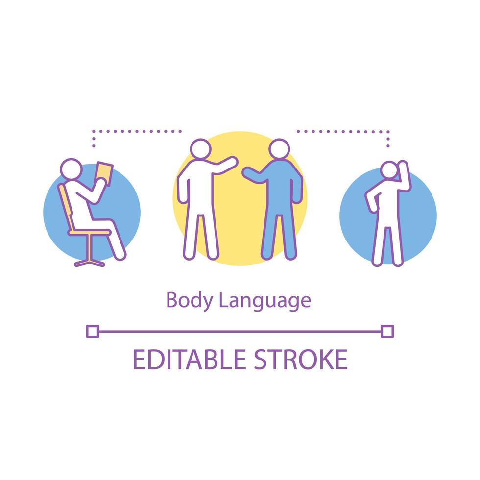 Body language concept icon. Nonverbal communication, emotion expression. Body postures, poses, hand gesturing. Idea thin line illustration. Vector isolated outline drawing. Editable stroke