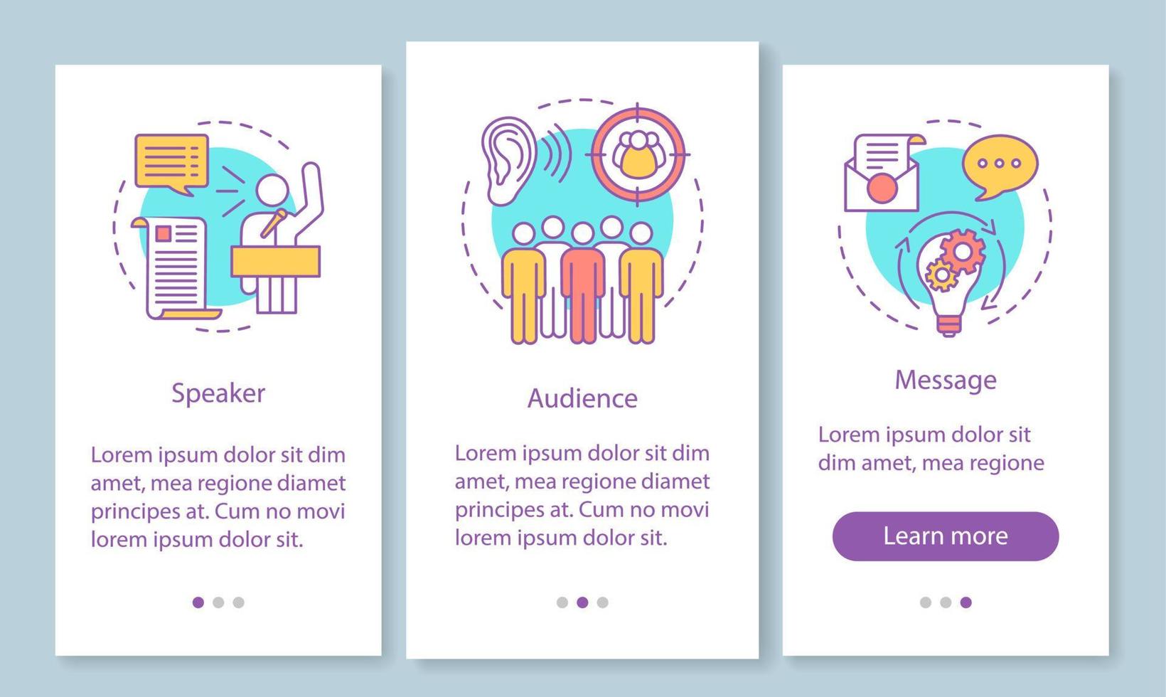 Rhetorical triangle onboarding mobile app page screen with linear concepts. Leadership skills. Speaker, audience, message walkthrough graphic instructions. UX, UI, GUI template with illustrations vector