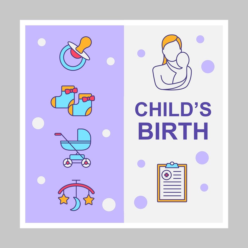 Childs birth social media posts mockup. Motherhood. Advertising web banner design template. Social media booster, content layout. Isolated promotion border, frame with headlines, linear icons vector