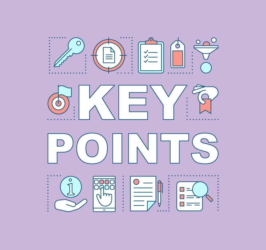 Key points, features concept icon. Tasklist. Task management. Data analyzing. Guide, documents. Presentation, website. Isolated lettering typography idea with linear icons. Vector outline illustration