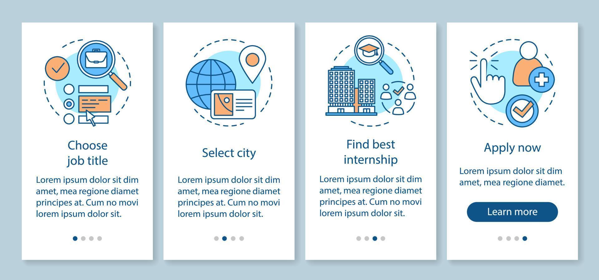 Internship program onboarding mobile app page screen vector template. Work searching software. Student practice. Walkthrough website steps, linear illustrations. UX, UI smartphone interface concept