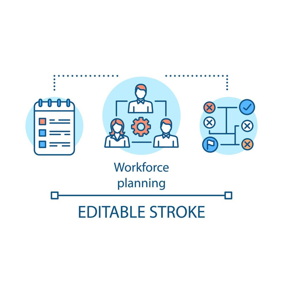 icono de concepto de proceso de planificación de mano de obra. candidatos potenciales idea ilustración de línea delgada. estrategia de negocios. Adquisición de Talento. fuente de contrataciones. dibujo de contorno aislado vectorial. trazo editable vector