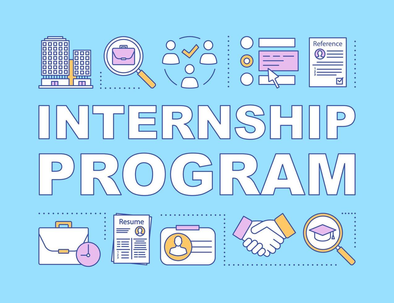 Internship program word concepts banner. Student practice. High-potential specialist coaching. Presentation, website. Isolated lettering typography idea, linear icons. Vector outline illustration